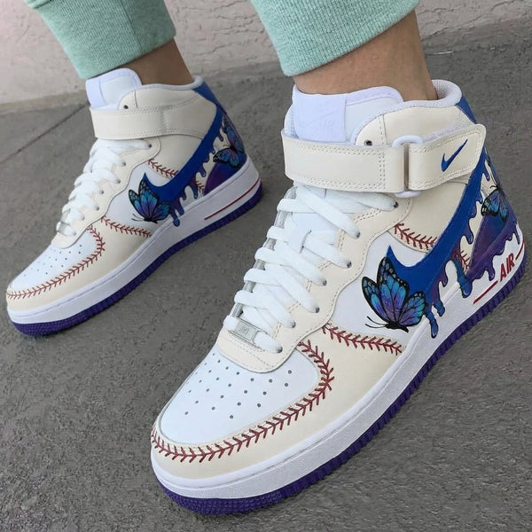 Custom AF 1s Shoes Blue Purple with Butterflies and Baseball Stitches-oicustom