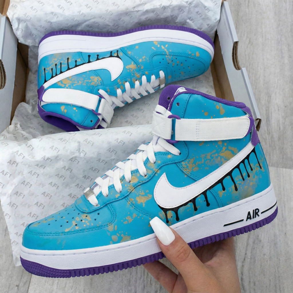Custom AF 1s Shoes Blue Purple with Gold Splatter and Black Drip Design-oicustom