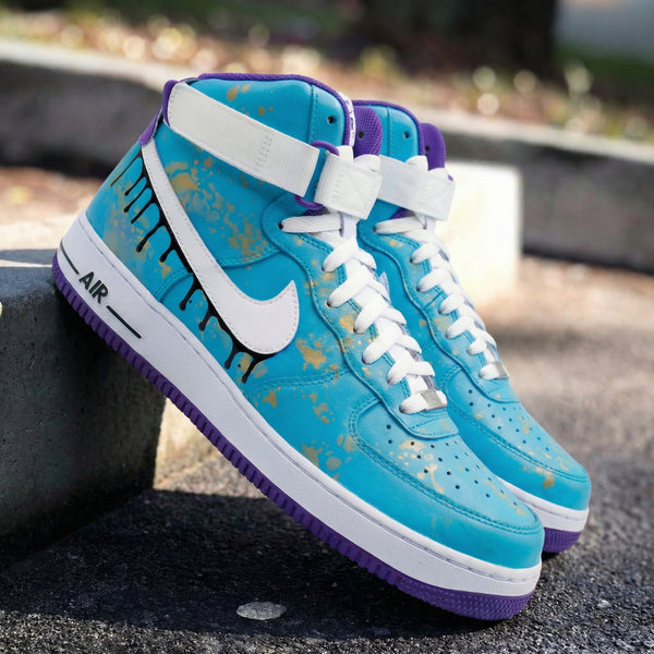 Custom AF 1s Shoes Blue Purple with Gold Splatter and Black Drip Design-oicustom