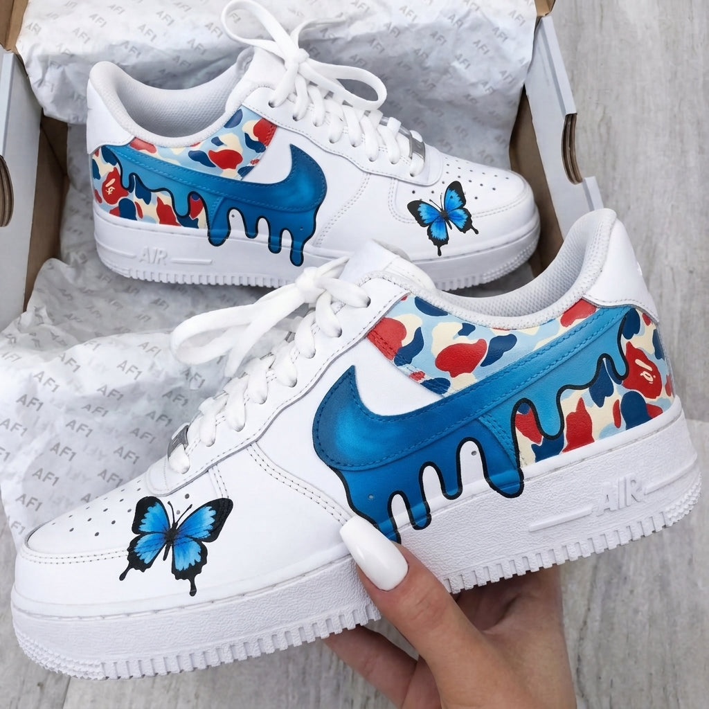 Custom AF 1s Shoes Blue Red Dripping Camo Butterflies-oicustom