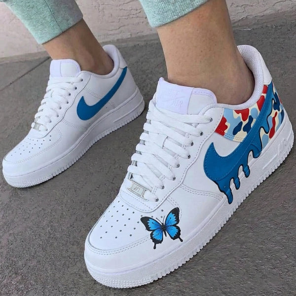 Custom AF 1s Shoes Blue Red Dripping Camo Butterflies-oicustom