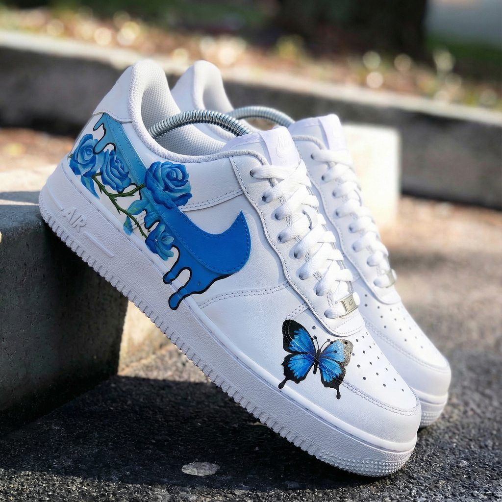 Custom AF 1s Shoes Blue Rose and Butterfly-oicustom