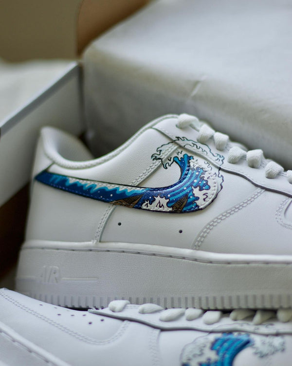 Custom AF 1s Shoes Blue The Great Wave Pattern-oicustom
