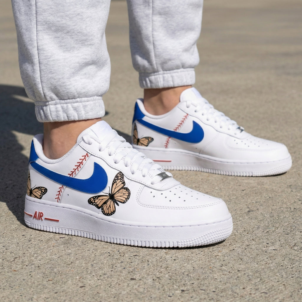 Custom AF 1s Shoes Blue with Butterflies and Baseball Stitches-oicustom