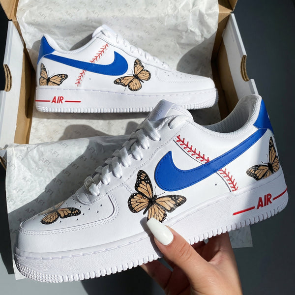 Custom AF 1s Shoes Blue with Butterflies and Baseball Stitches-oicustom
