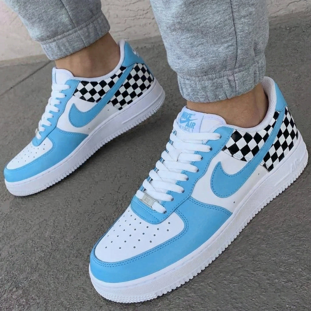 Custom AF 1s Shoes Blue with Checkerboard Pattern-oicustom