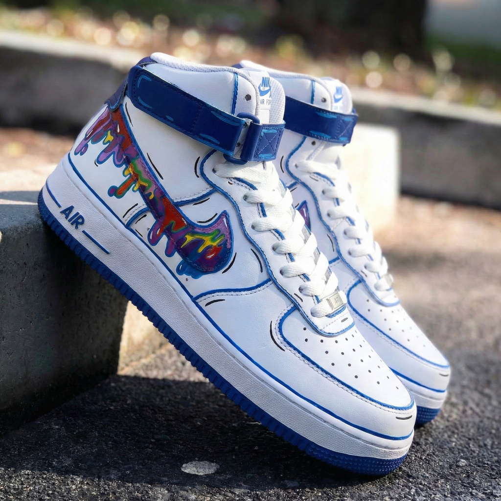Custom AF 1s Shoes Blue with Colorful Melted - Design Pattern-oicustom