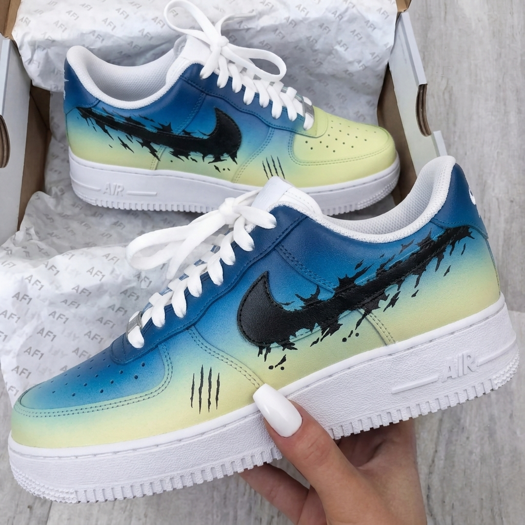 Custom AF 1s Shoes Blue Yellow Ripped Swoosh Claw Marks-oicustom