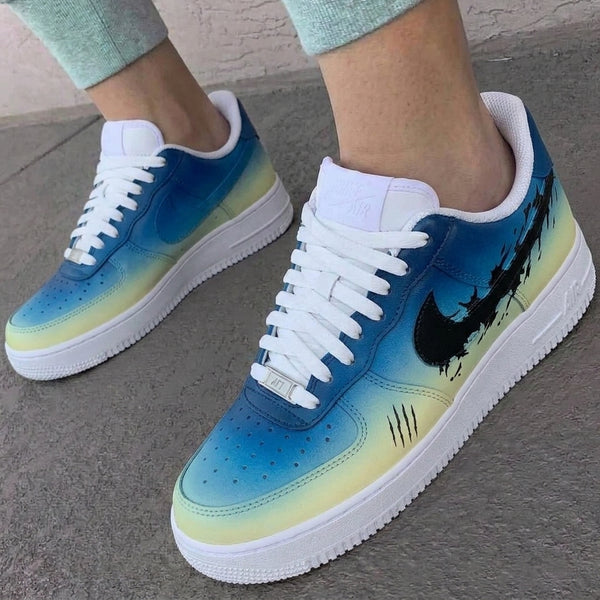 Custom AF 1s Shoes Blue Yellow Ripped Swoosh Claw Marks-oicustom