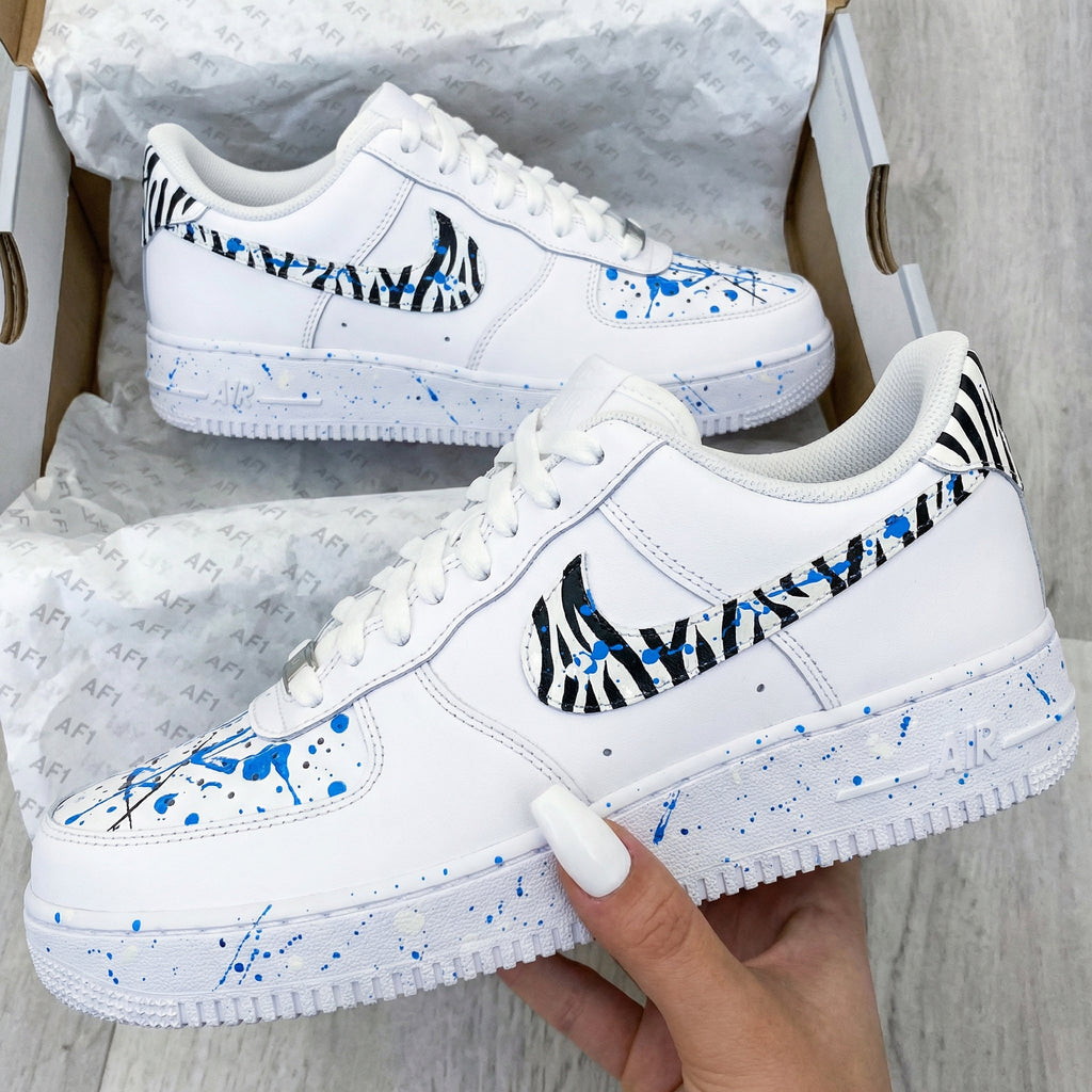 Custom AF 1s Shoes Blue Zebra Print Paint Splatter-oicustom