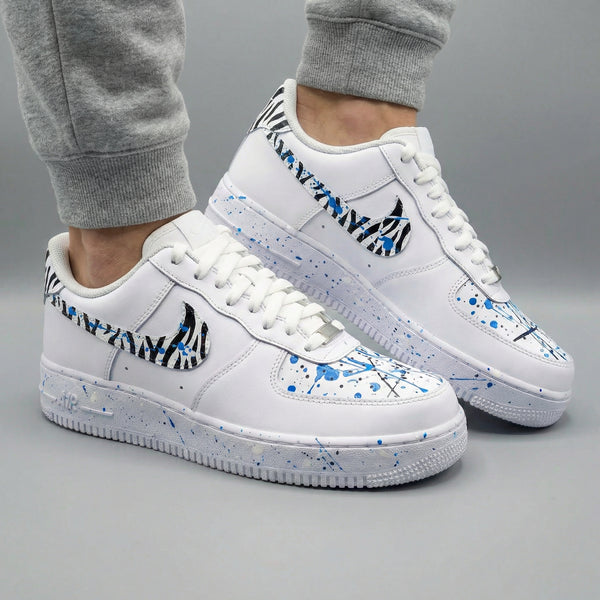 Custom AF 1s Shoes Blue Zebra Print Paint Splatter-oicustom