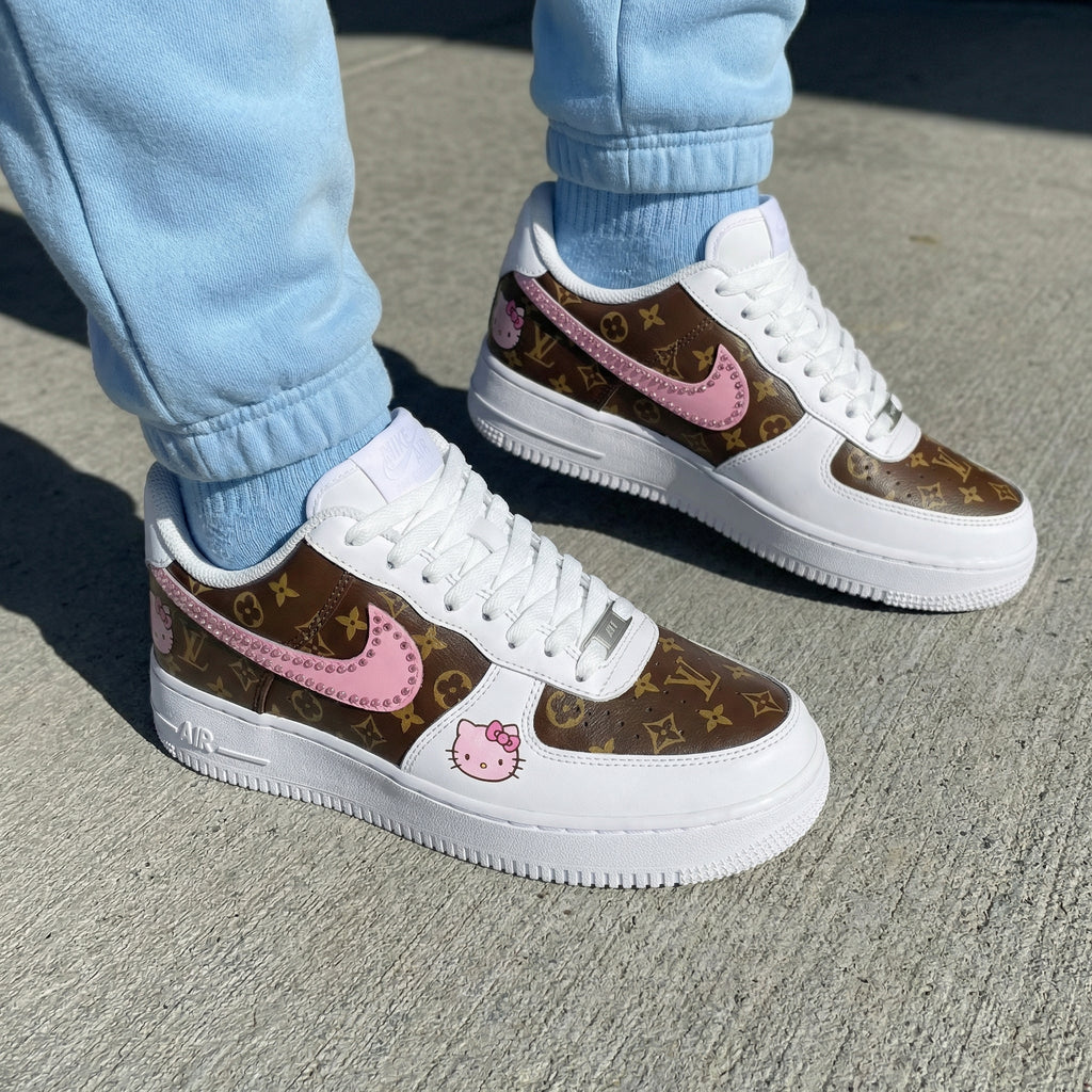 Custom AF 1s Shoes Brown Baby Pink LV Logo Hello Kitty Pattern-oicustom