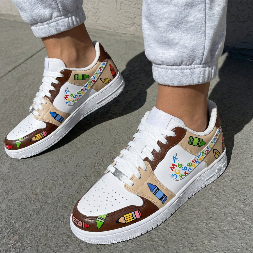 Custom AF 1s Shoes Brown Beige Crayon Pattern-oicustom
