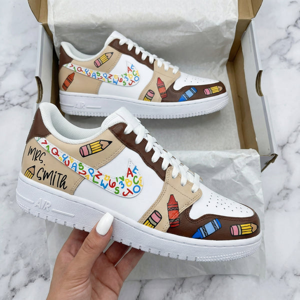 Custom AF 1s Shoes Brown Beige Crayon Pattern-oicustom