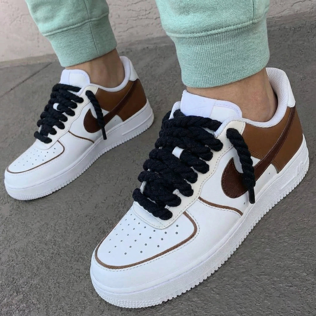 Custom AF 1s Shoes Brown Black Thick Shoelaces-oicustom