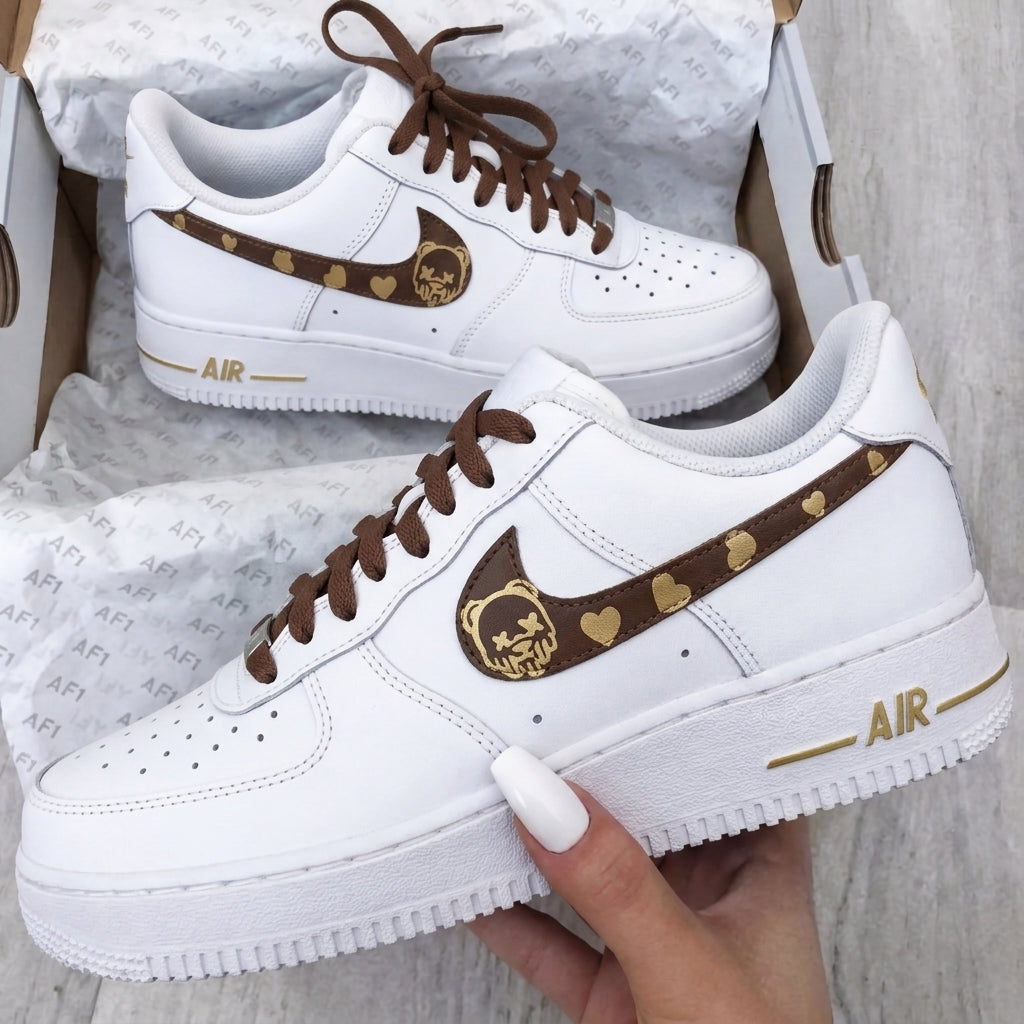 Custom AF 1s Shoes Brown Gold Bear Heart Prints-oicustom