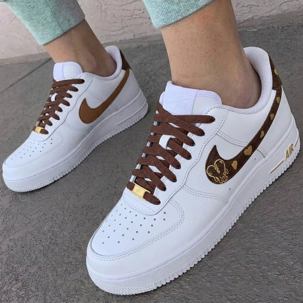 Custom AF 1s Shoes Brown Gold Bear Heart Prints-oicustom