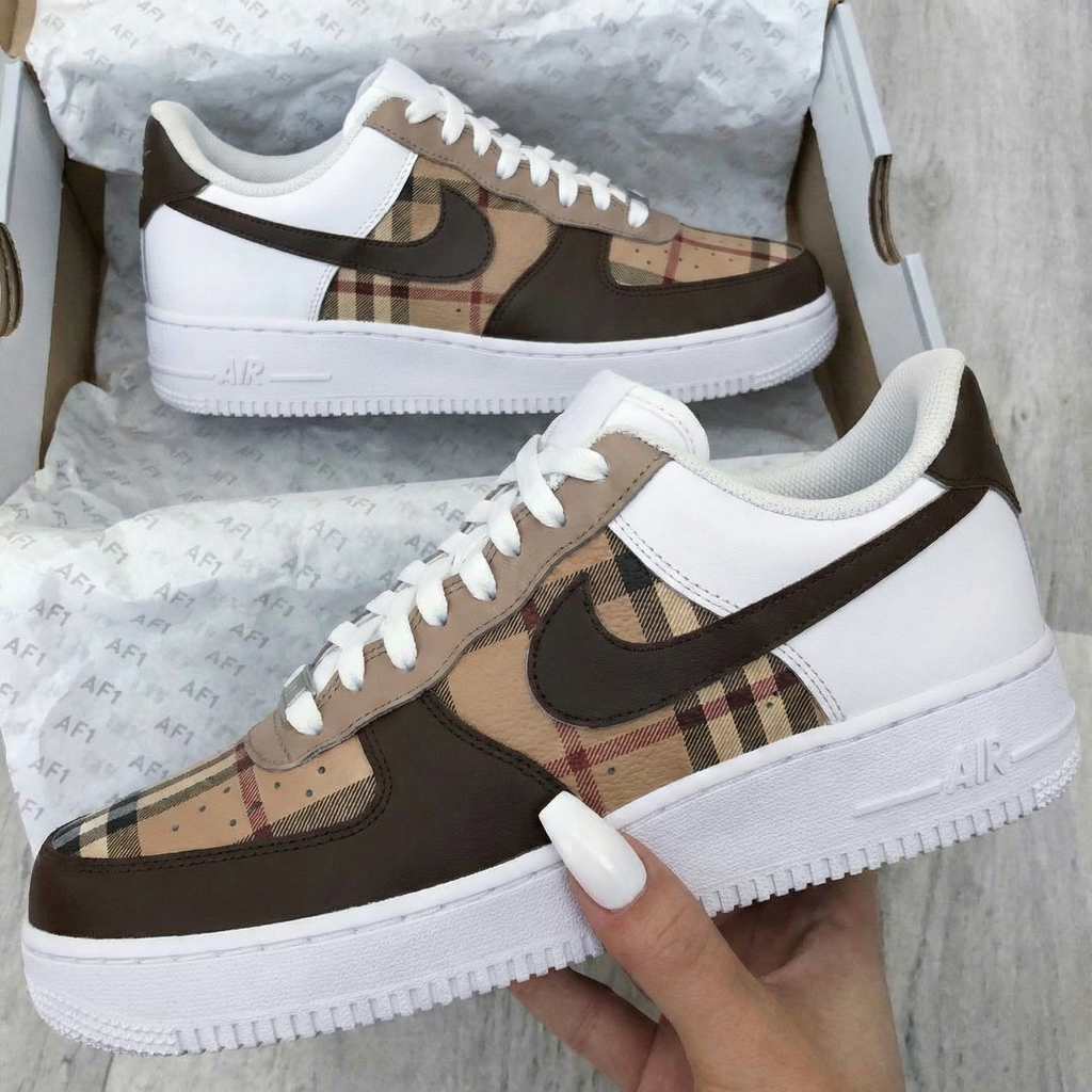 Custom AF 1s Shoes Brown Plaid Pattern-oicustom