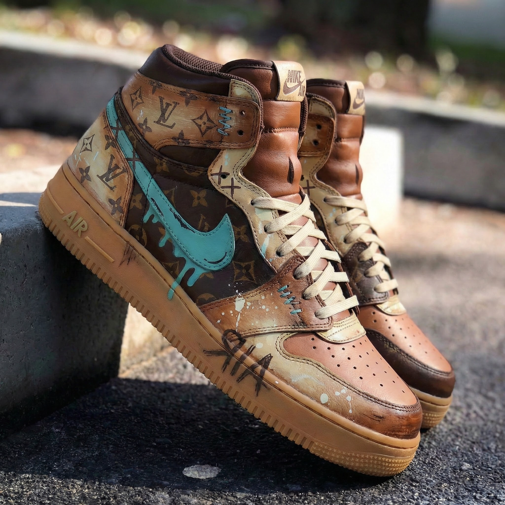 Custom AF 1s Shoes Brown Teal LV Pattern-oicustom