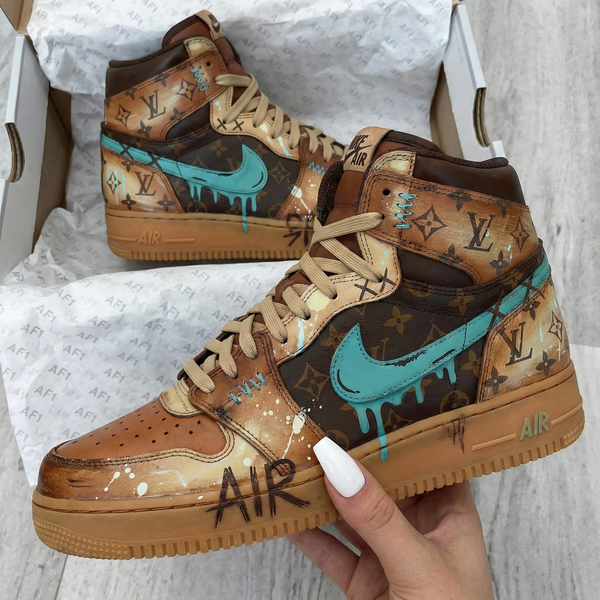 Custom AF 1s Shoes Brown Teal LV Pattern-oicustom