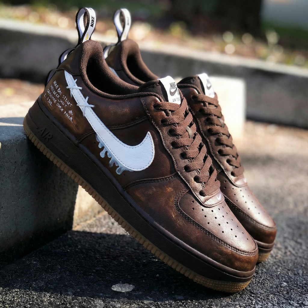 Custom AF 1s Shoes Brown White with Melting Swoosh and Text Design-oicustom