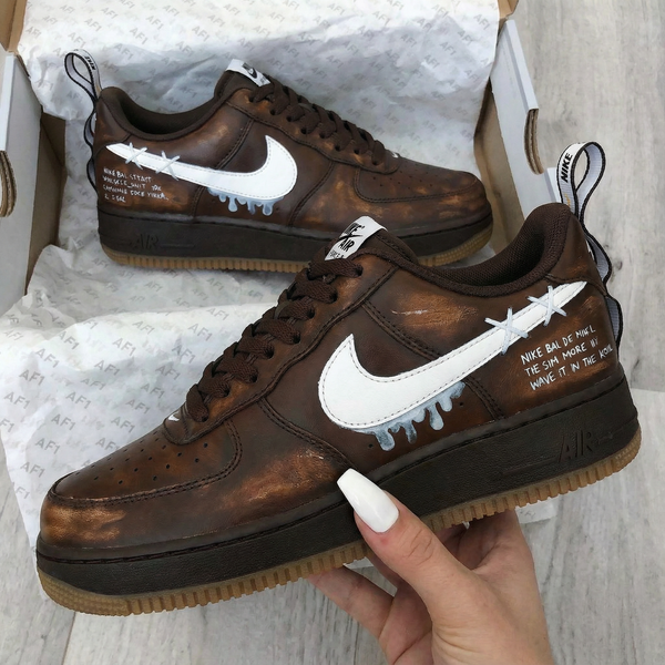 Custom AF 1s Shoes Brown White with Melting Swoosh and Text Design-oicustom