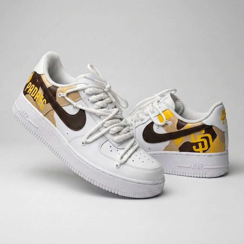 Custom AF 1s Shoes Brown Yellow Tan Camo Padres SD Logo-oicustom