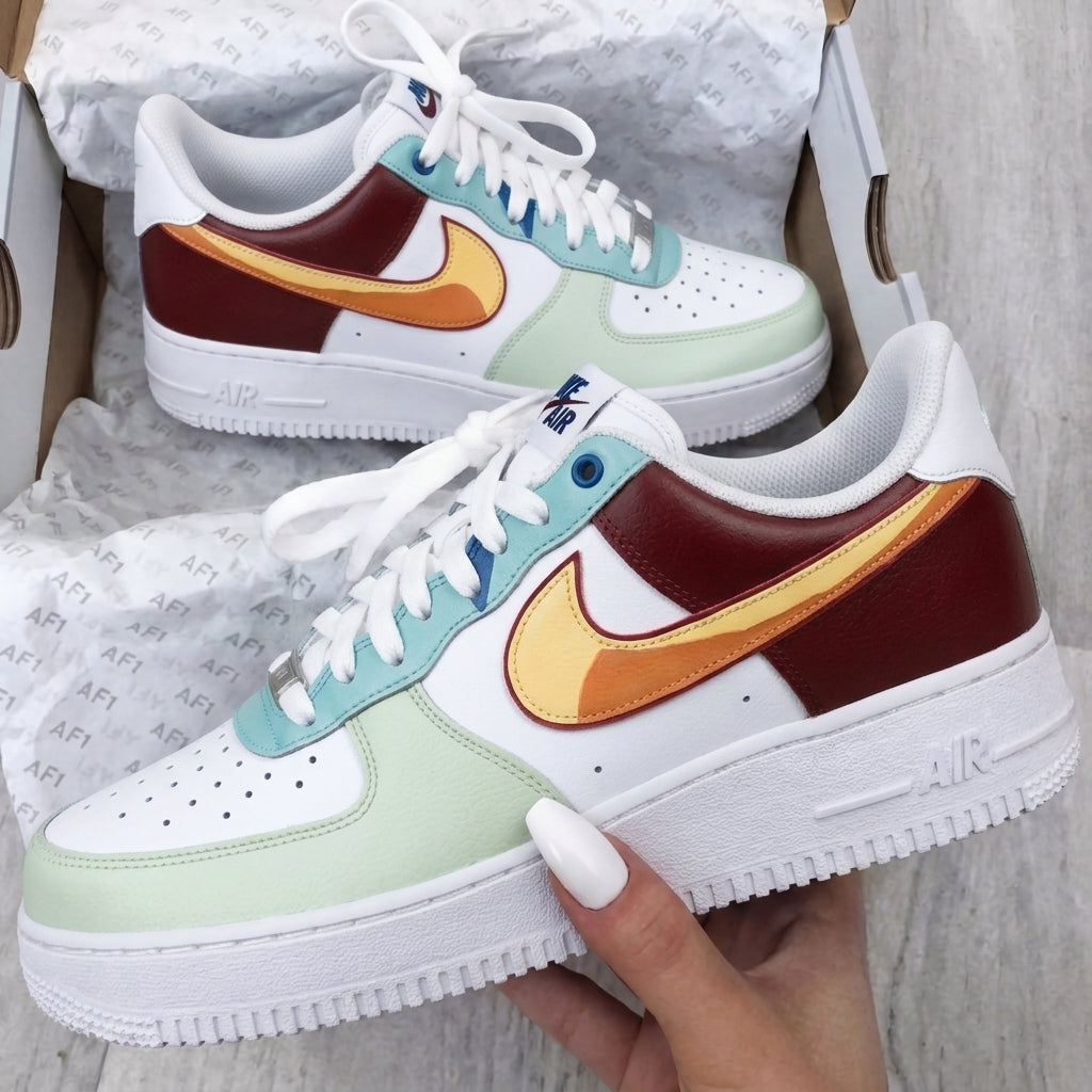 Custom AF 1s Shoes Burgundy Baby Blue Mint Green Gradient Swoosh-oicustom