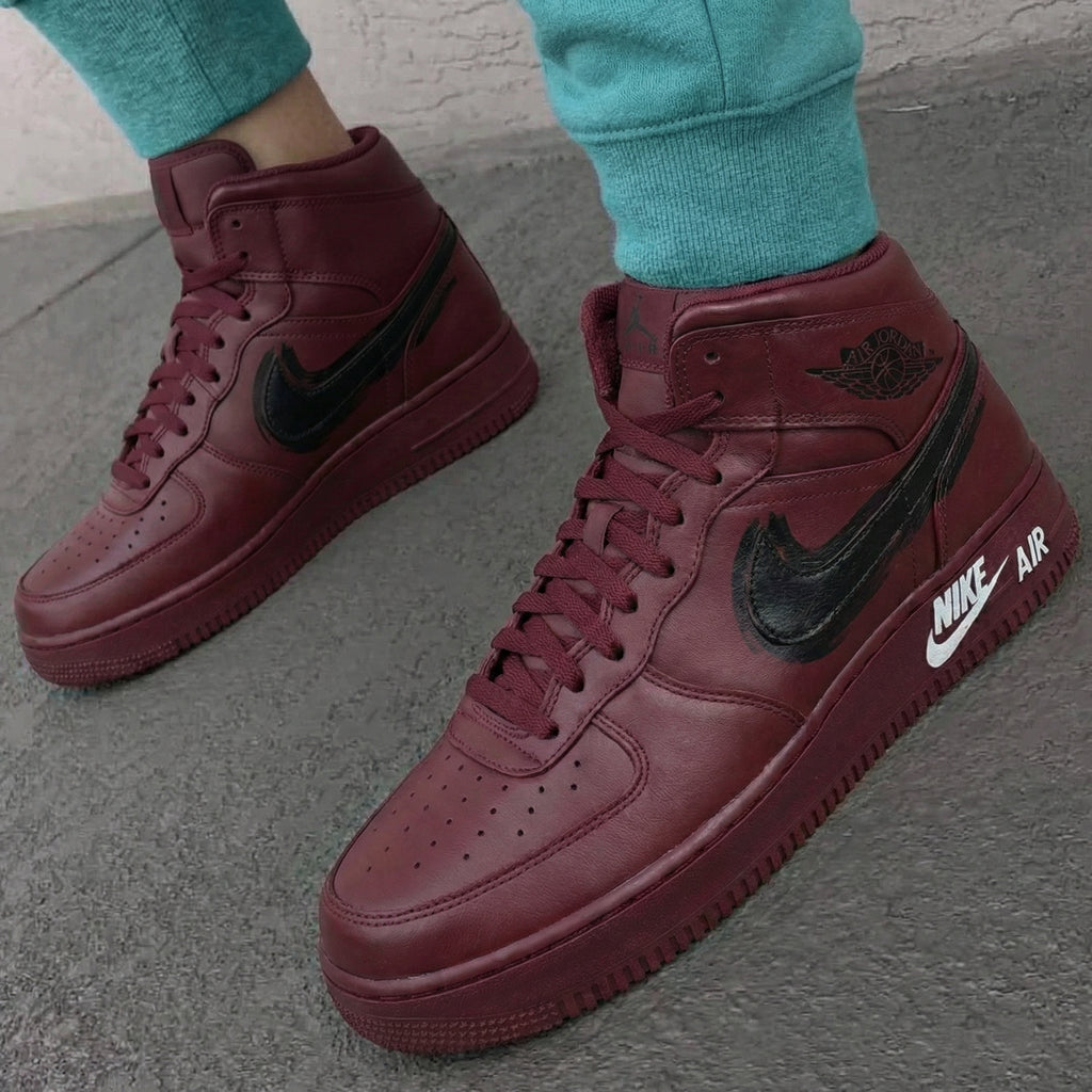 Custom AF 1s Shoes Burgundy Black Logo Design-oicustom