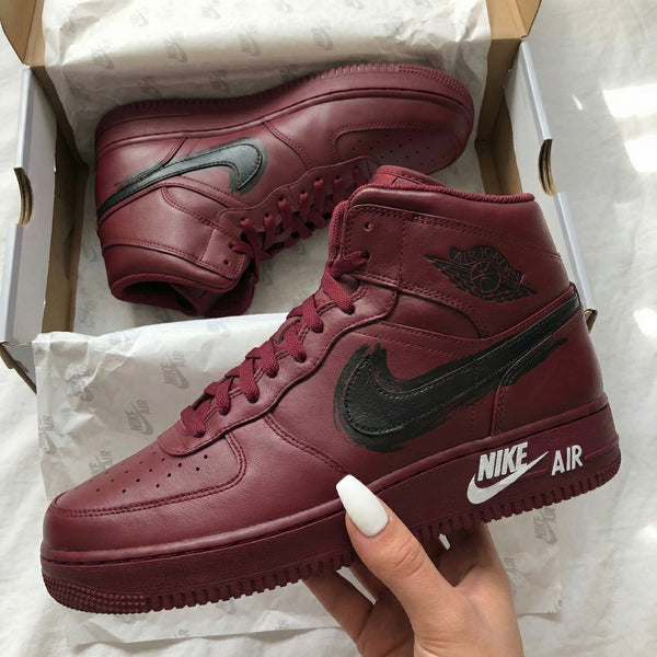 Custom AF 1s Shoes Burgundy Black Logo Design-oicustom