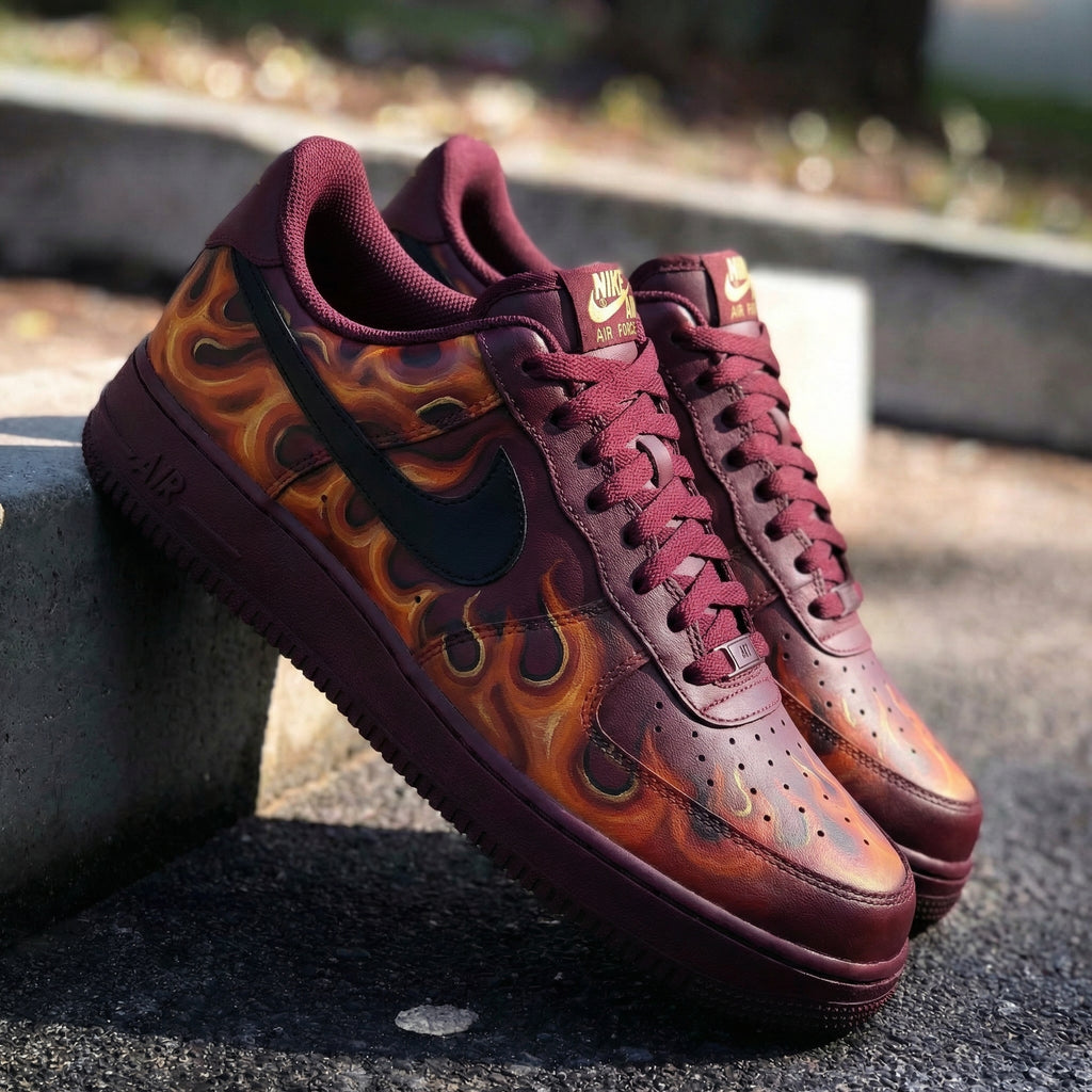 Custom AF 1s Shoes Burgundy Flame Design-oicustom