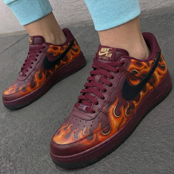 Custom AF 1s Shoes Burgundy Flame Design-oicustom
