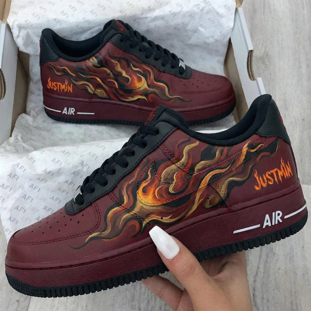 Custom AF 1s Shoes Burgundy Flame Pattern-oicustom