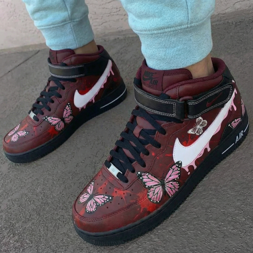 Custom AF 1s Shoes Burgundy Pink Butterflies-oicustom