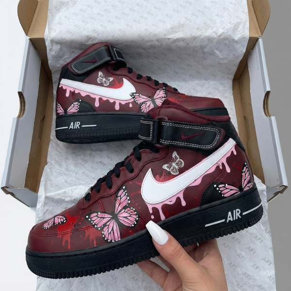 Custom AF 1s Shoes Burgundy Pink Butterflies-oicustom