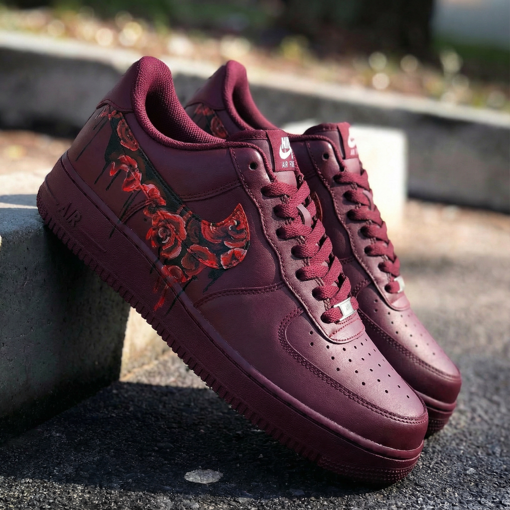 Custom AF 1s Shoes Burgundy Rose Pattern-oicustom