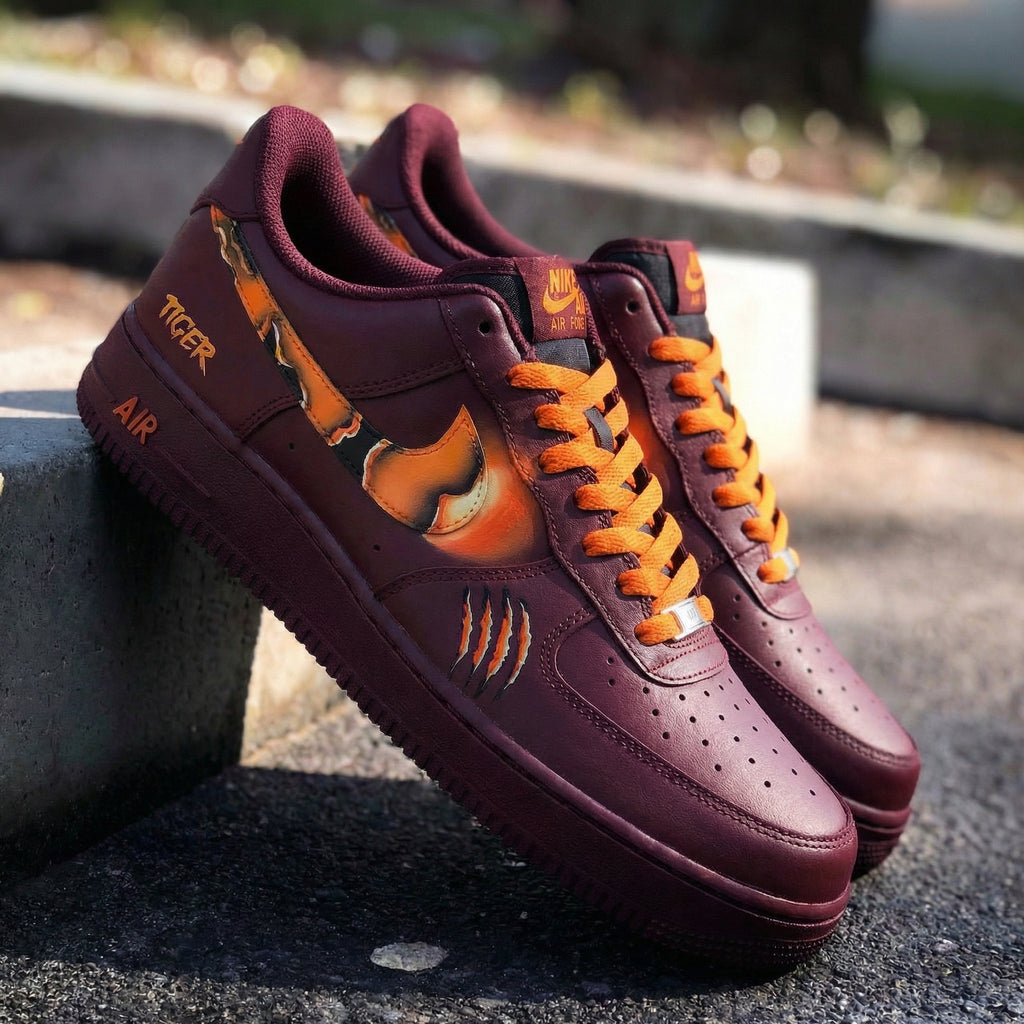 Custom AF 1s Shoes Burgundy Tiger Theme-oicustom