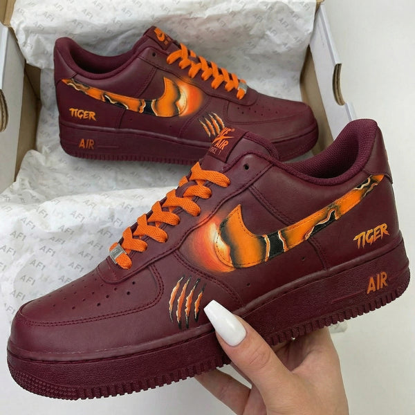 Custom AF 1s Shoes Burgundy Tiger Theme-oicustom