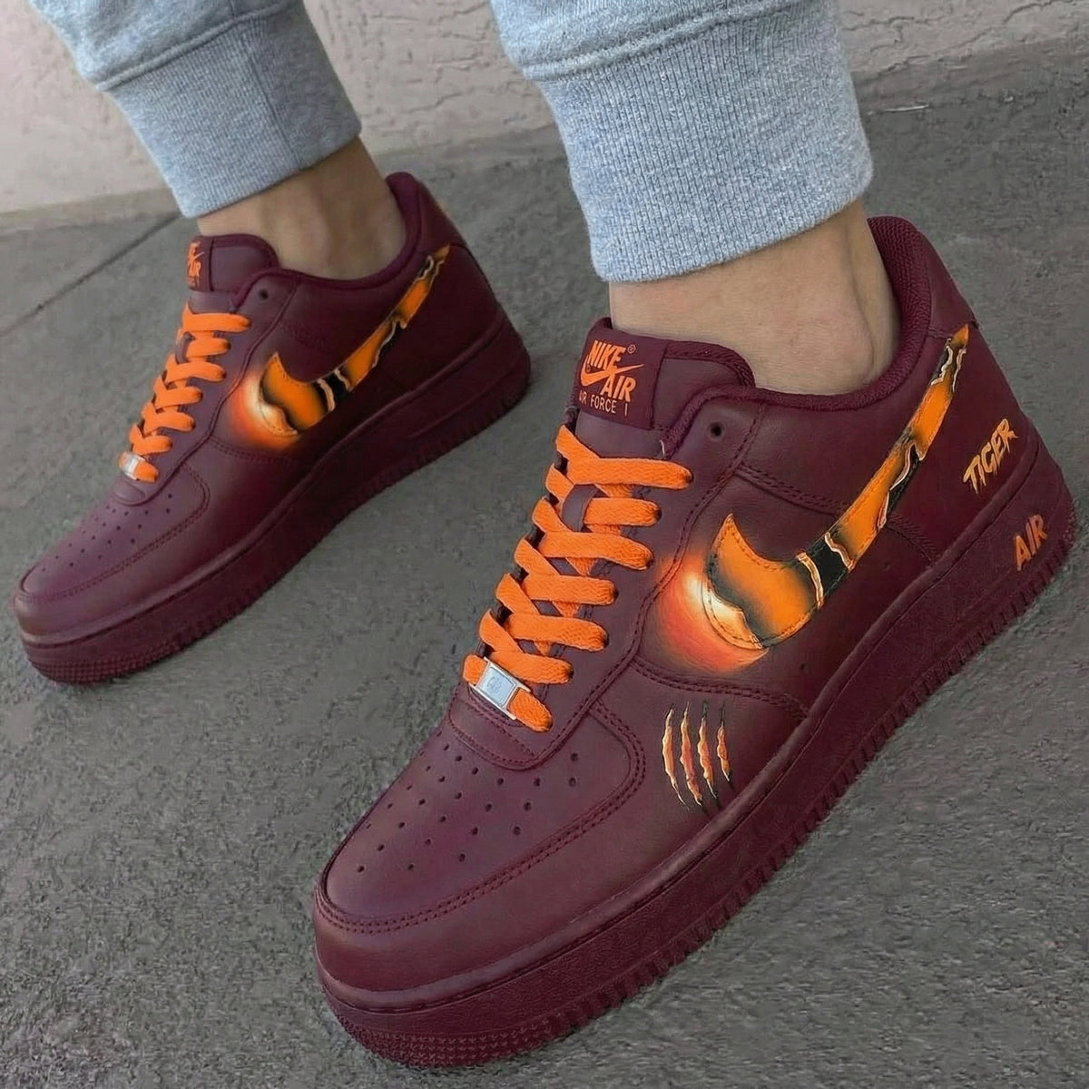 Custom AF 1s Shoes Burgundy Tiger Theme – oicustom