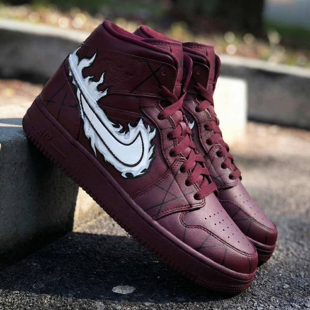 Custom AF 1s Shoes Burgundy White Flame Design-oicustom