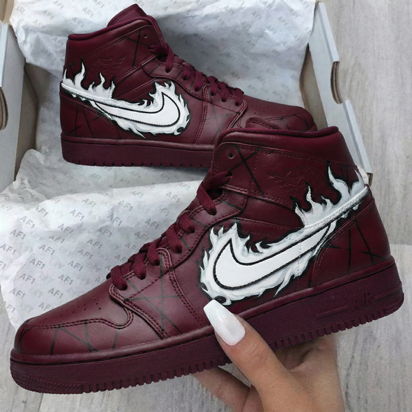 Custom AF 1s Shoes Burgundy White Flame Design-oicustom