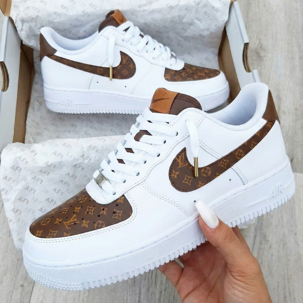 Custom AF 1s Shoes Classic Brown Louis Vuitton Monogram Pattern-oicustom