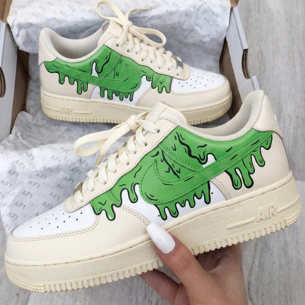 Custom AF 1s Shoes Cream Green Drip Pattern-oicustom