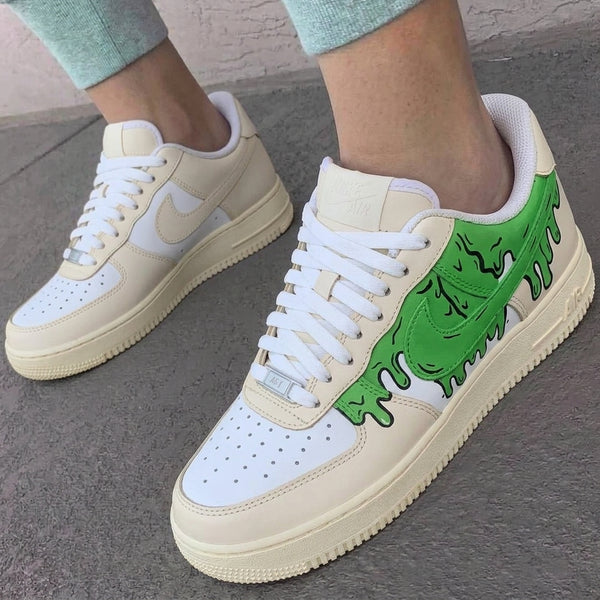 Custom AF 1s Shoes Cream Green Drip Pattern-oicustom