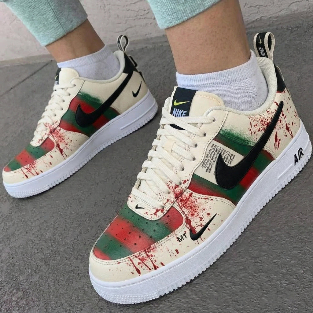 Custom AF 1s Shoes Cream Green Red with GG and Blood - Splatter Pattern-oicustom