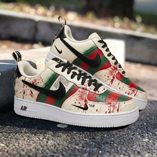 Custom AF 1s Shoes Cream Green Red with GG and Blood - Splatter Pattern-oicustom