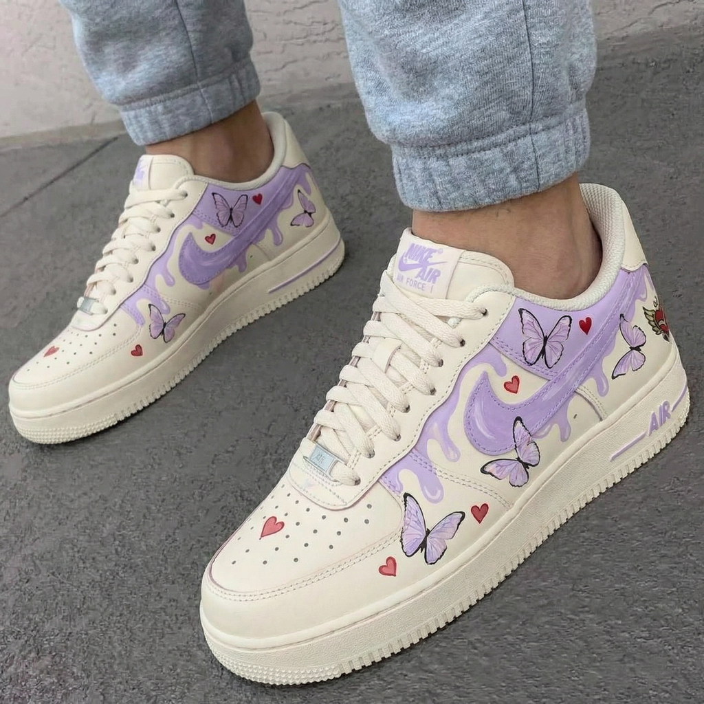 Custom AF 1s Shoes Cream Purple with Butterflies and Hearts-oicustom