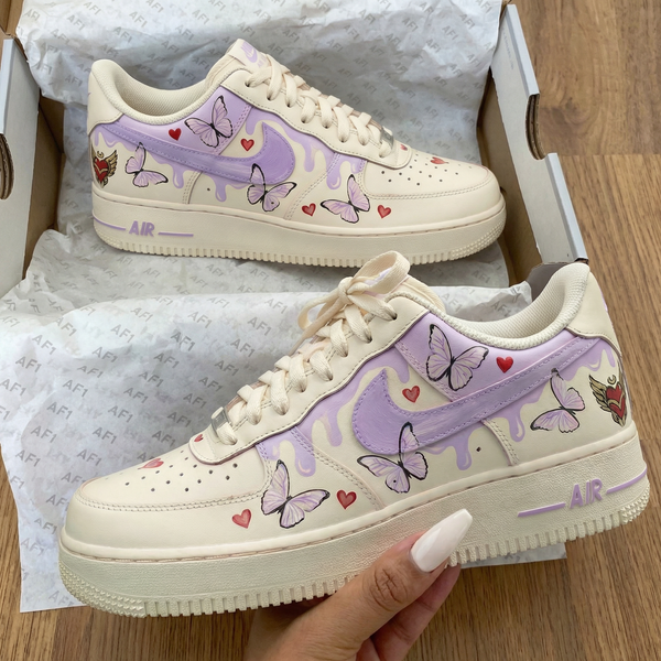 Custom AF 1s Shoes Cream Purple with Butterflies and Hearts-oicustom