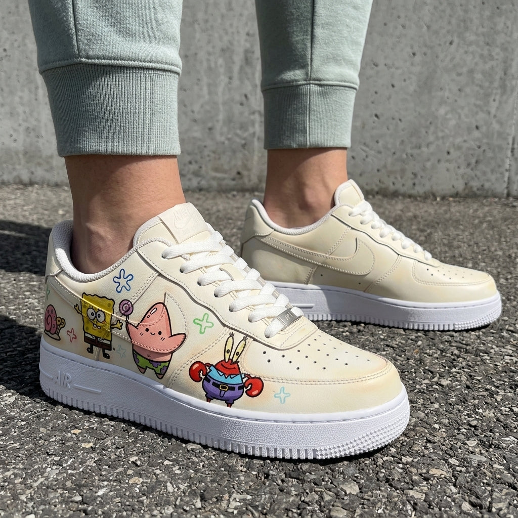 Custom AF 1s Shoes Cream SpongeBob Characters-oicustom