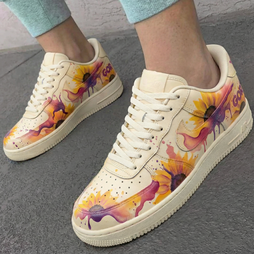 Custom AF 1s Shoes Cream Sunflower Pattern-oicustom